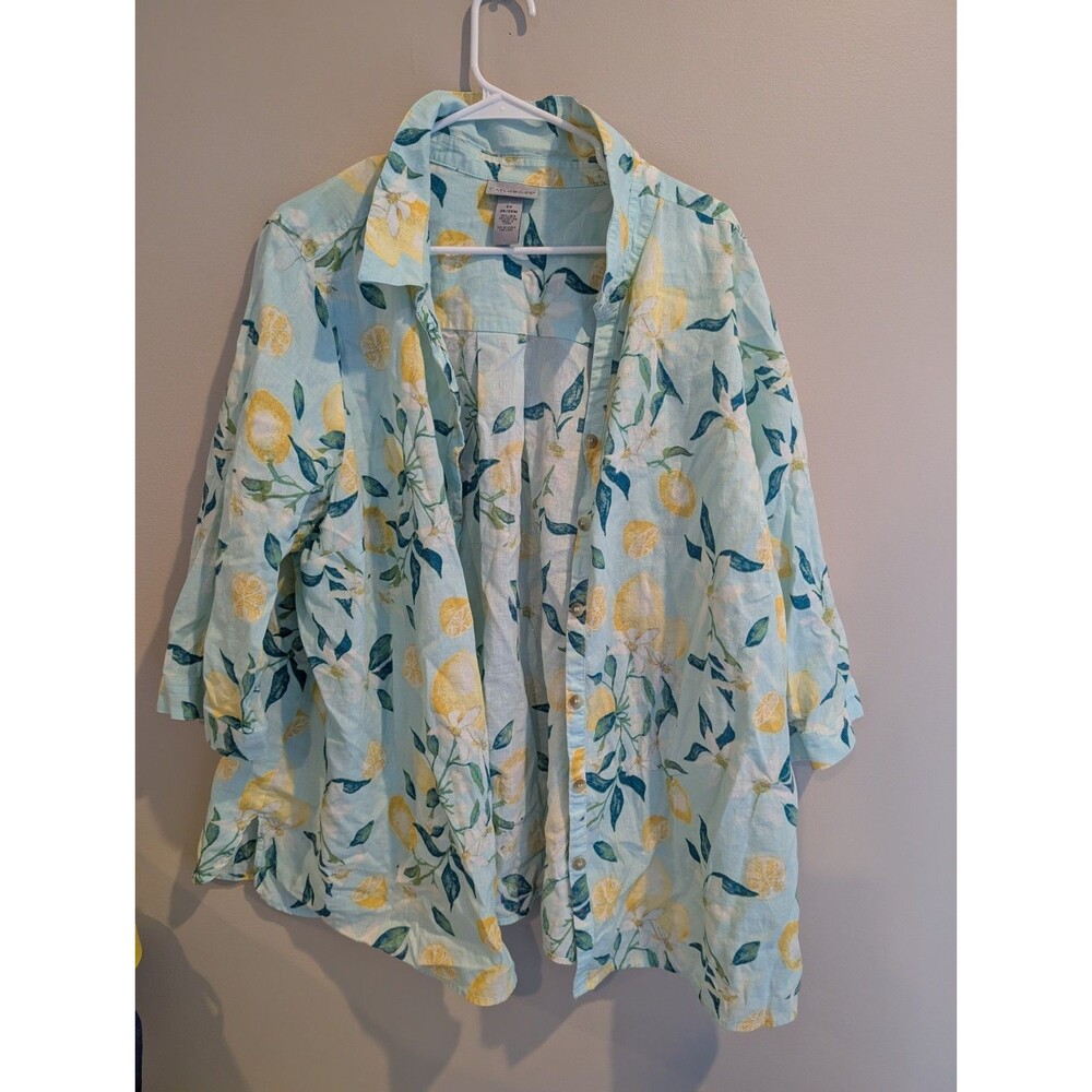 Catherines 3x Linen Cotton Button Shirt Lemon Print Top Resort Beach vacation